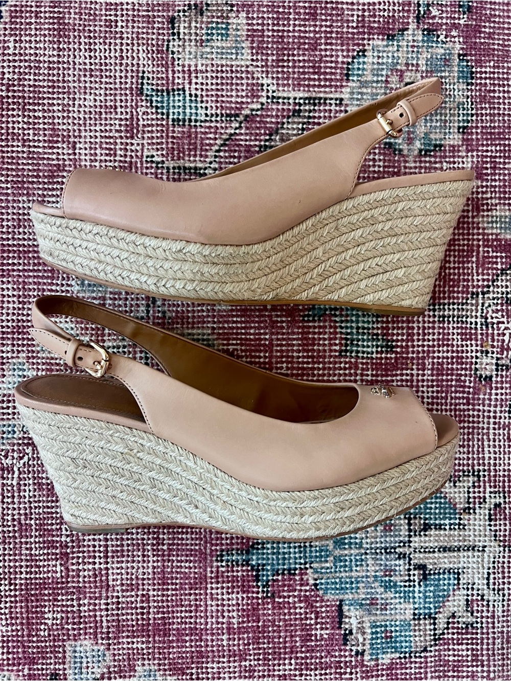 Coach Tan Open-Toe Slingback Wedges with Gold Logo - Picture 2 of 4